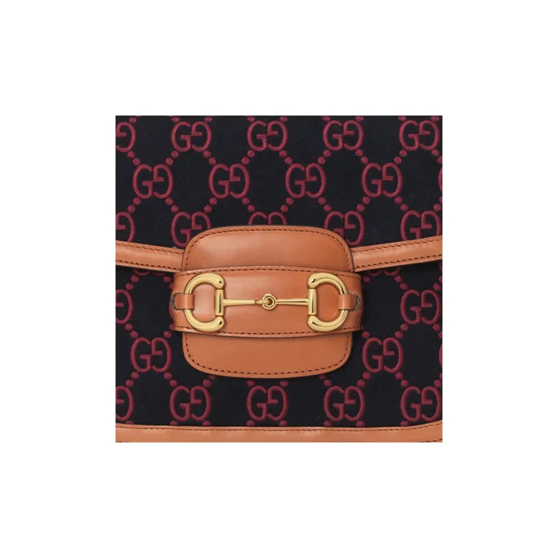 GUCCI Horsebit 1955 Wool Suede One Shoulder Handbag Crossbody Bag Women's Dark Blue/Fuchsia/Brown-4