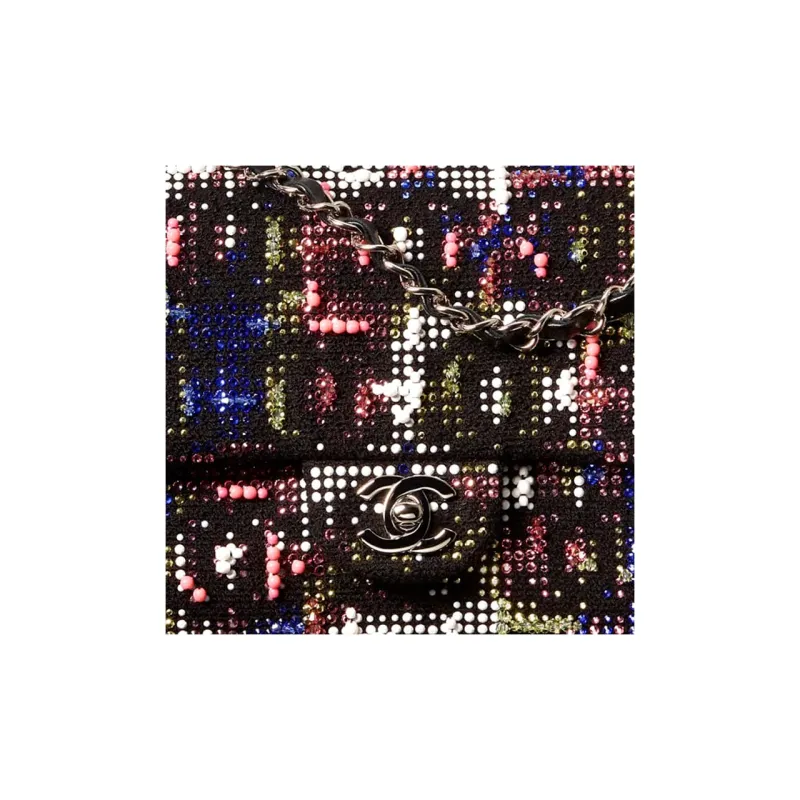 CHANEL Classic Flap CF Embroidery Twill Soft Woolen Shoulder Bag, Crossbody Bag Women's Black & Multicolor-2