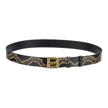 BALLY Snakeskin Print Plate Buckle Leather Belts Men's Black Width 3.5CM
