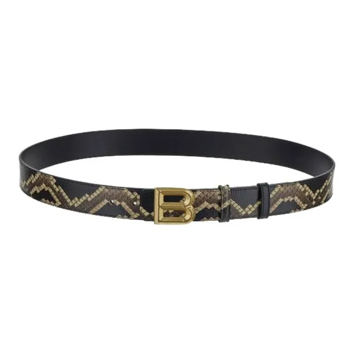 BALLY Snakeskin Print Plate Buckle Leather Belts Men's Black Width 3.5CM-0