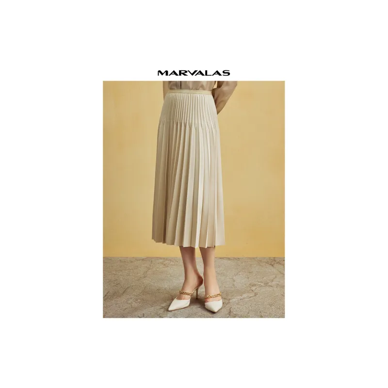 MARVALAS Casual Long Skirts Women's Beige-3