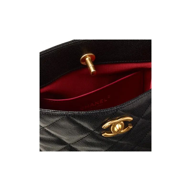 CHANEL Embossed Calfskin With Gold Metal Tote Bag Shopping Bag Shoulder Bag Crossbody Bag Small Size Women's Black-3