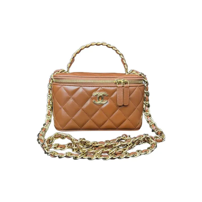 CHANEL Oil Wax Sheepskin Box Bag, Makeup Bag, Shoulder Bag, Crossbody Bag, Handbag Women's Brown-0
