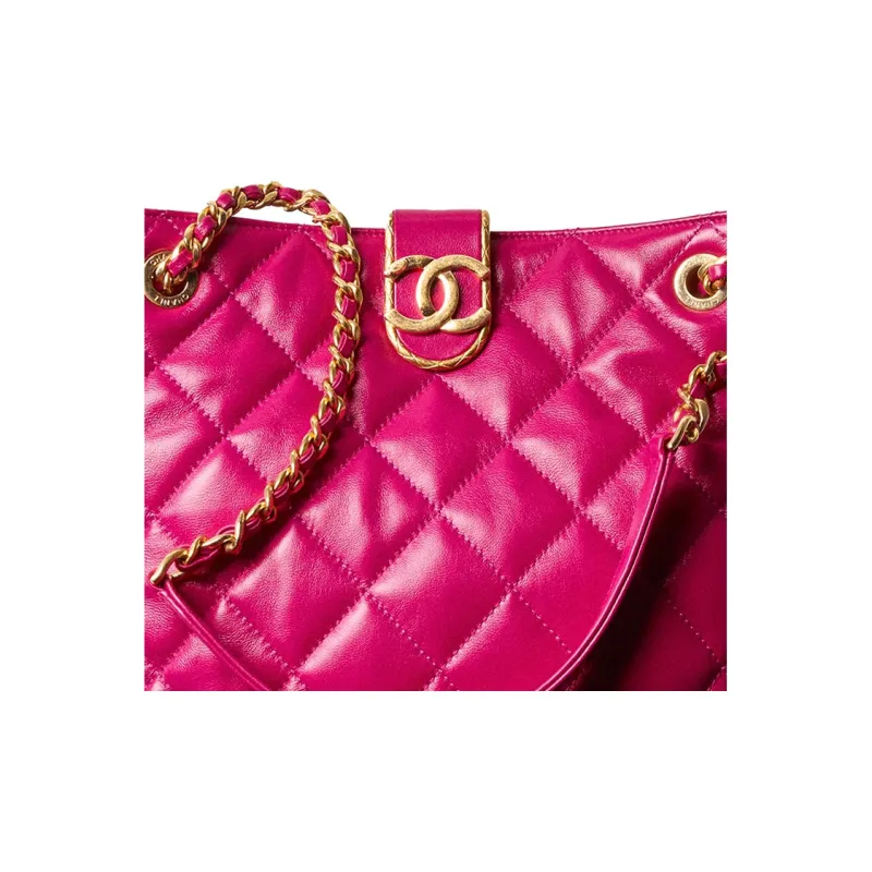 CHANEL Lambskin Shopping Bag One Shoulder Crossbody Tote Trumpets Women's Peach Red-3