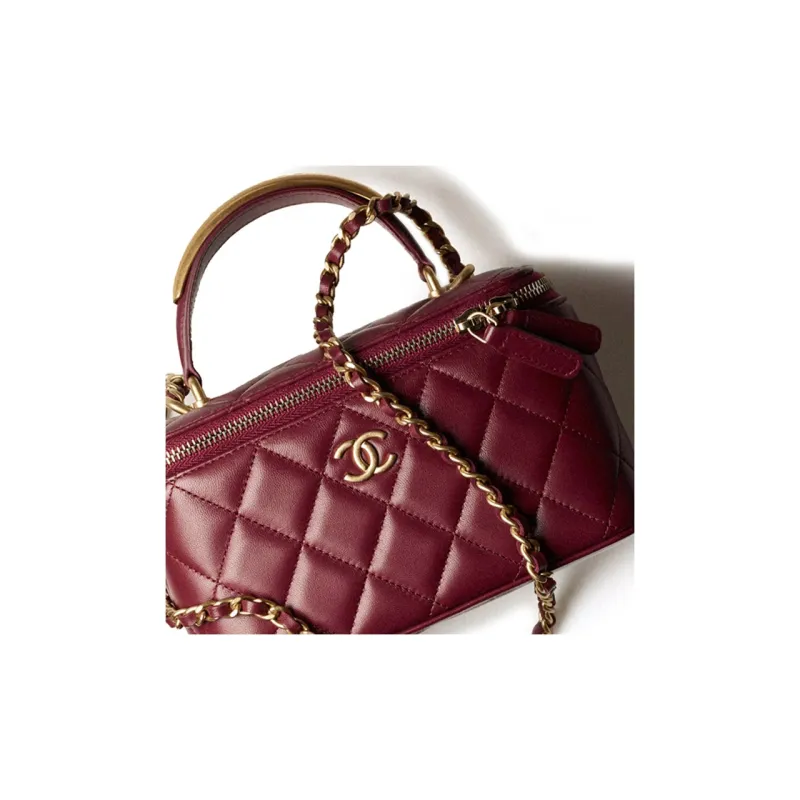 CHANEL Sheepskin Metal Makeup Bag Handbag, Shoulder Bag, Crossbody Bag Women's Burgundy-3