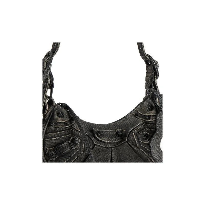 Balenciaga Le Cagole Washed Denim Crossbody Bag, Shoulder Bag Women's Black-6