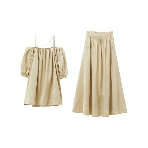 VERA VEINS Two Piece Skirt Sets Women's Beige