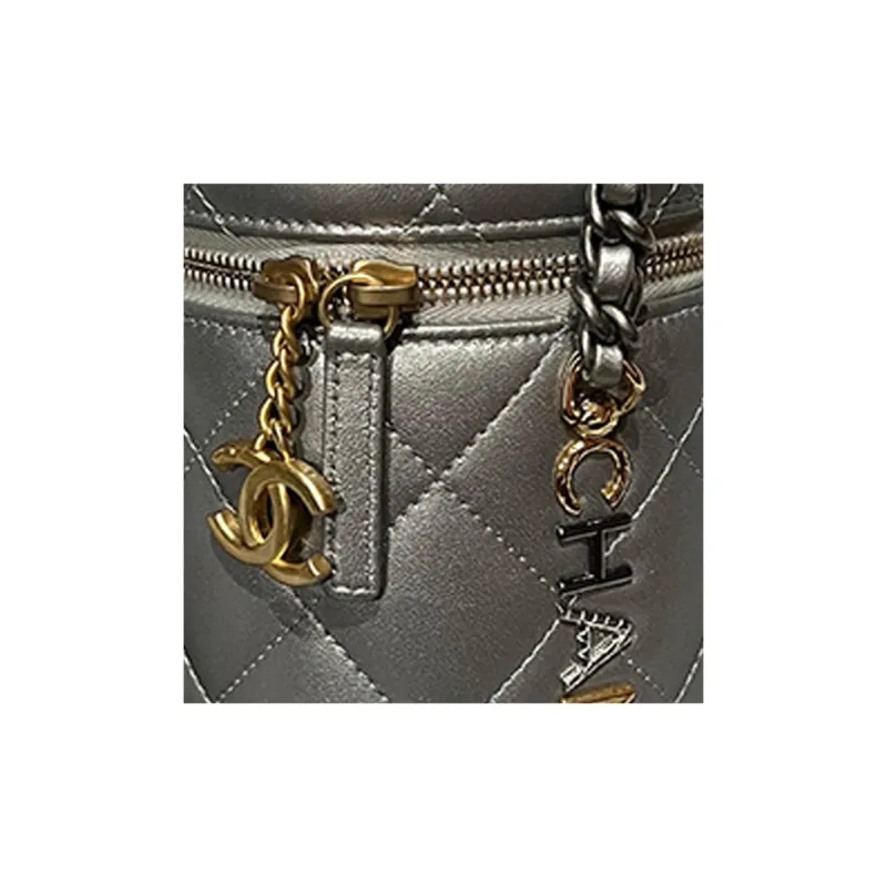 CHANEL Lambskin Cylinder Bag, Makeup Bag, Shoulder Bag, Crossbody Bag, Handbag Women's Gray-1