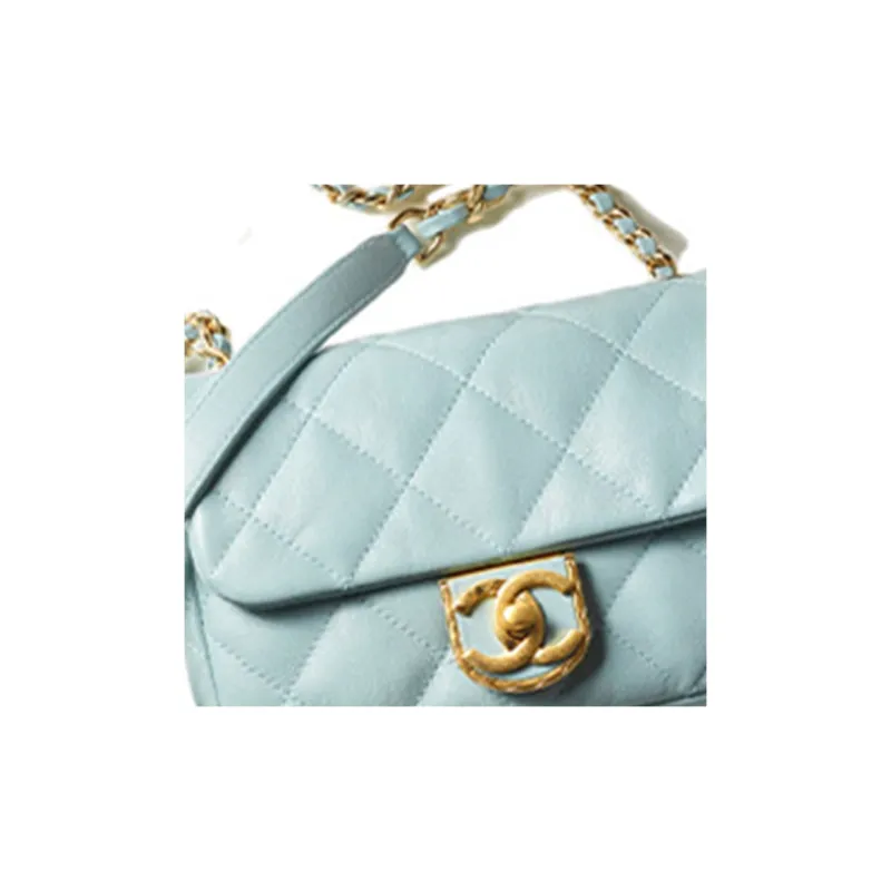 CHANEL Sheepskin & Metal Flap Bag Crossbody Bag Mini Women's Light Blue-3