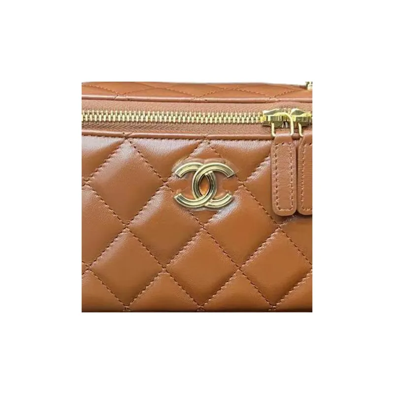 CHANEL Oil Wax Sheepskin Box Bag, Makeup Bag, Shoulder Bag, Crossbody Bag, Handbag Women's Brown-1