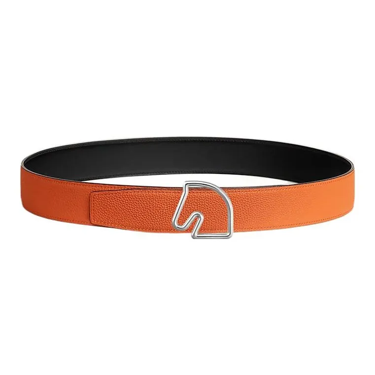 HERMES Tete De Cheval Horse Head Buckle Double Sided Leather Belts Men's Black Width 3.8CM-1