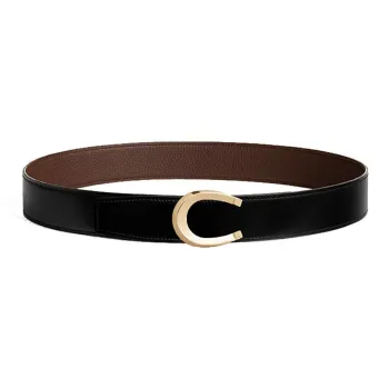 HERMES Ring Gold Smooth Buckle Calfskin Double-Sided Leather Leather Belts Men's Black Width: 3.8cm