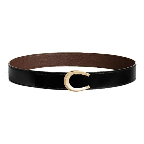 HERMES Ring Gold Smooth Buckle Calfskin Double Sided Leather Leather Belts Men's Black Width  3.8cm