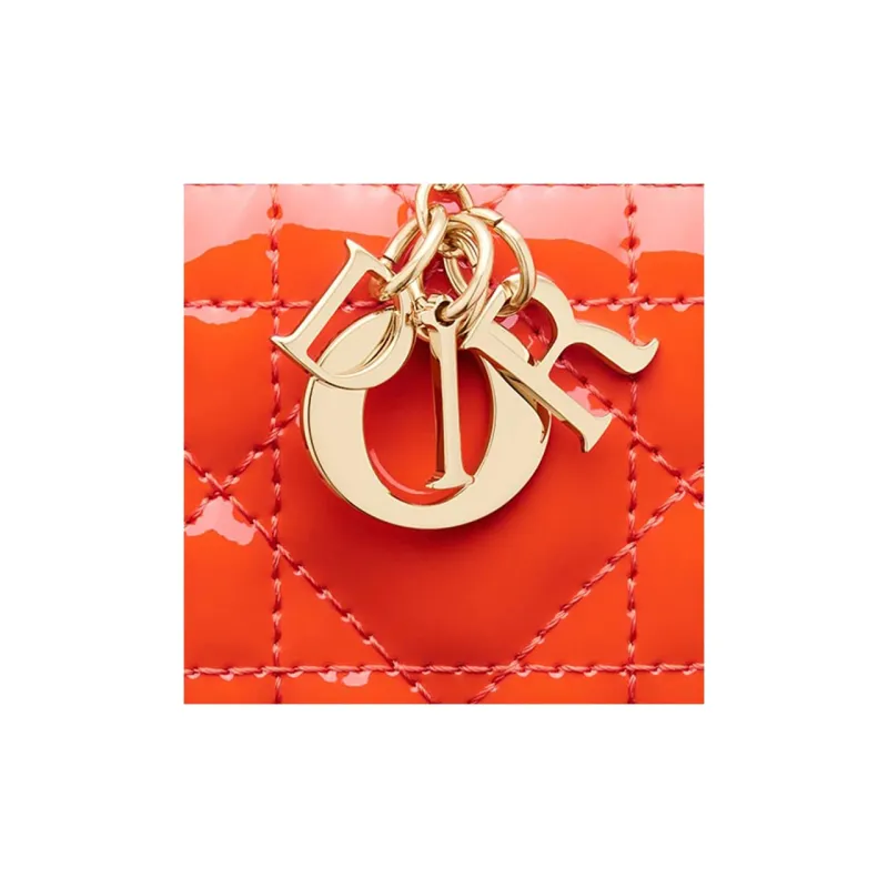 DIOR Lady Dior Patent Leather Cowhide Coin Purse Card Clip Card Holder Women's Bright Orange-4