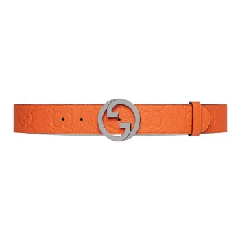 GUCCI GG Metal Smooth Buckle Leather Belts Women's Orange Width: 4cm