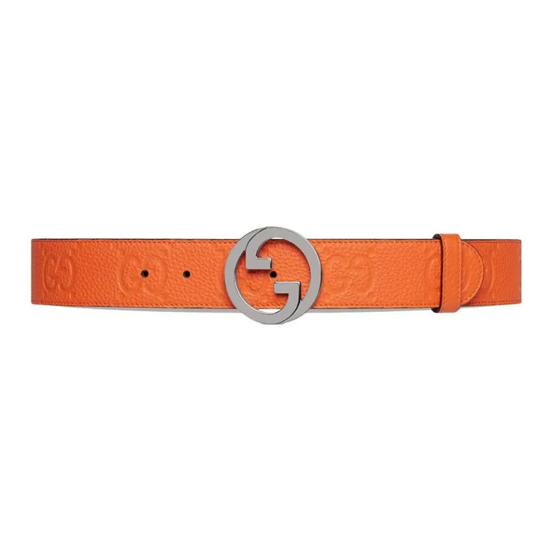GUCCI GG Metal Smooth Buckle Leather Belts Women's Orange Width: 4cm-0