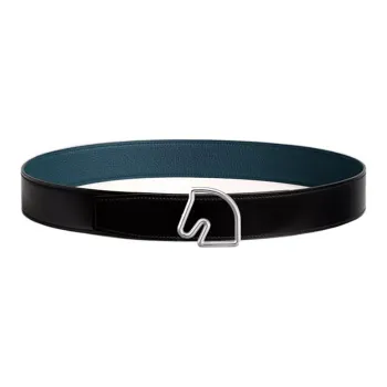 HERMES Horse Head Buckle Double Sided Smooth Buckle Leather Belts Men's Black/Blue Width  3.8cm