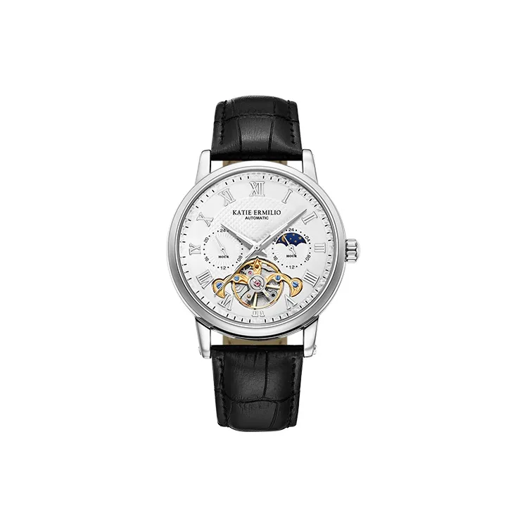 Katie Ermilio Wrist Watch Automatic Mechanical Movement Genuine Leather Strap White Dial Men's Watches-5