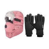 Pink Trapper Hat+Goggles+Black Thermal Glove