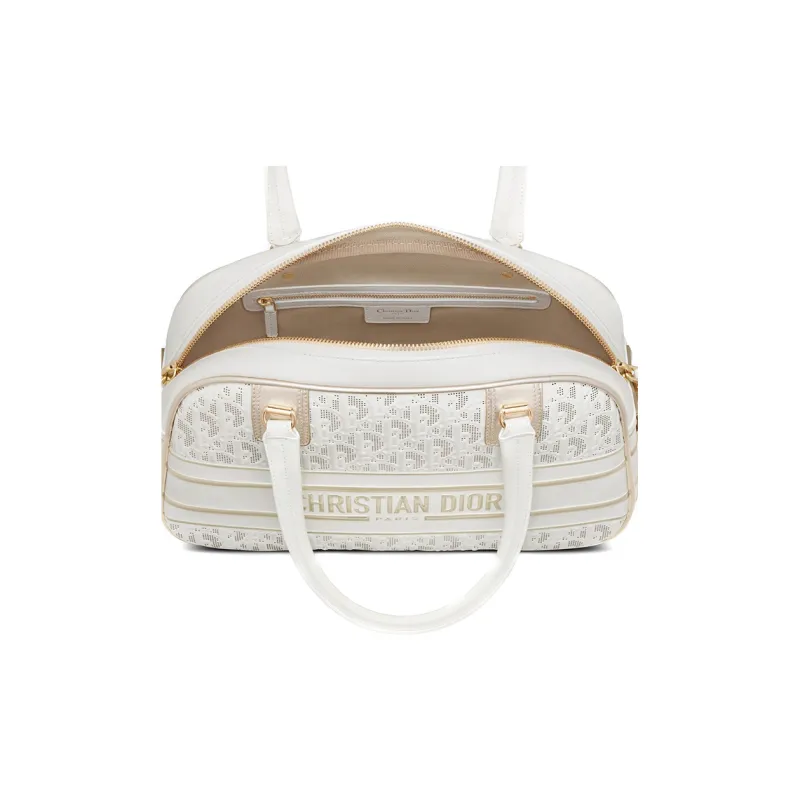 DIOR Cow Leather Bowling Bag, Gym Bag, One Shoulder Crossbody Bag, Travel Bag, Handbag Medium Size Women's White/Gold-5