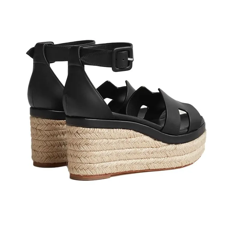 HERMES Strap Sandals 8.5cm Women's Black-4