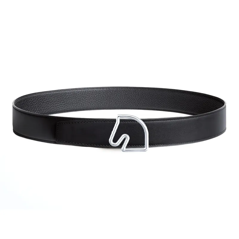 HERMES Cheval Horse Head Double Sided Belt Smooth Buckle Calfskin Leather Belts Men's Black Width 3.8cm-1