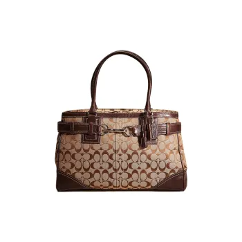 COACH Hamptons Fabric With Leather Tote Bag Shopping Bag Handbag Large Size Women's Khaki/Chestnut