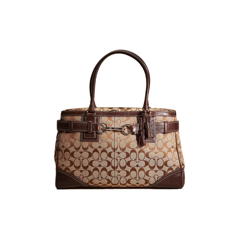COACH Hamptons Fabric With Leather Tote Bag Shopping Bag Handbag Large Size Women's Khaki/Chestnut-0
