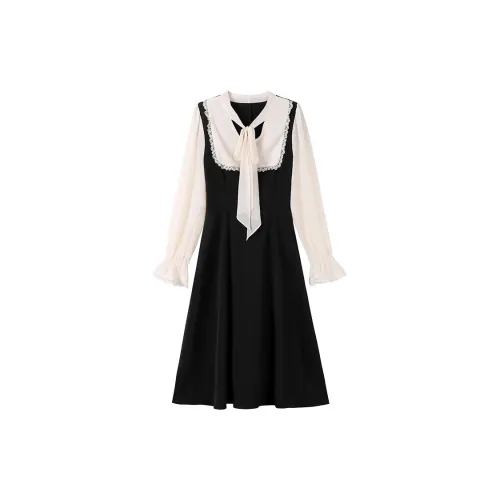 Luxury Long-Sleeved Dresses Women's Black Apricot