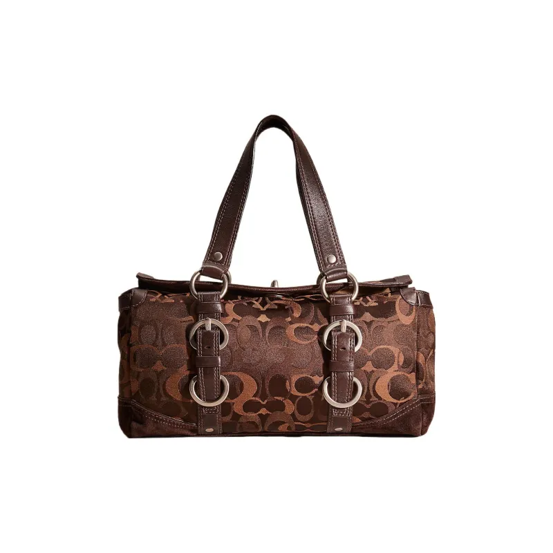 COACH Fabric With Leather Boston Bag One Shoulder Handbags Large Size Women's Chocolate-0
