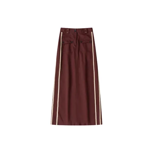 UNRETRO Casual Long Skirts Women's Burgundy