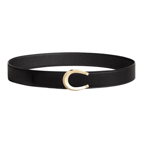 HERMES C Shaped Double Sided Smooth Buckle Leather Belts Men's Black Width  3.8CM