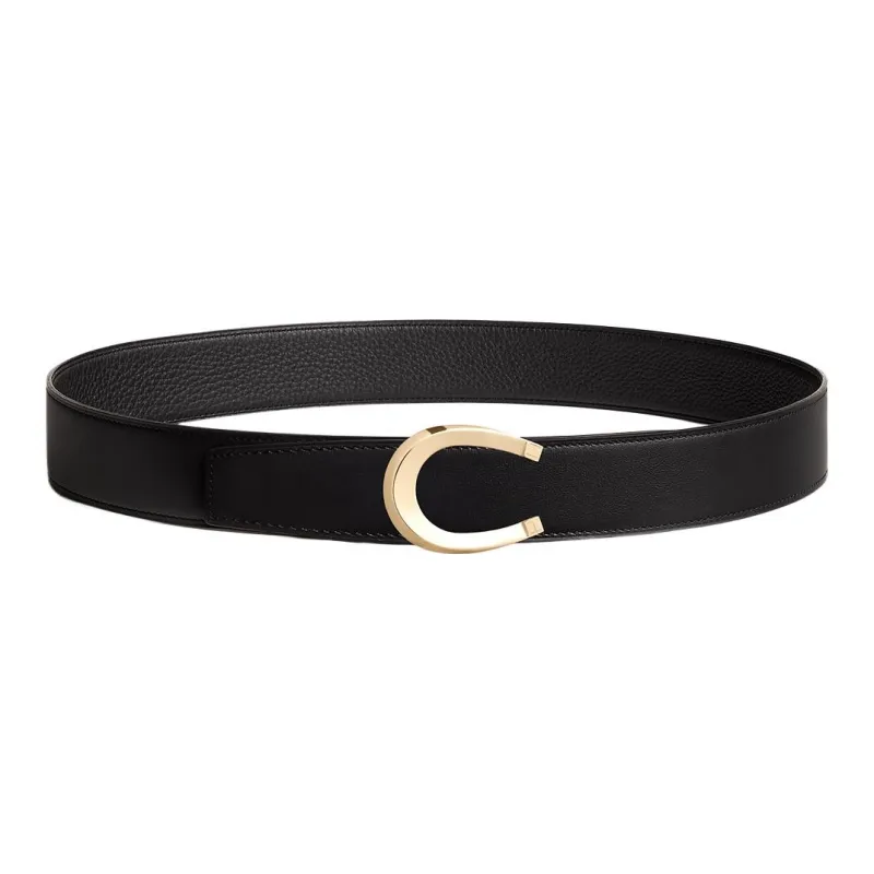 HERMES C Shaped Double Sided Smooth Buckle Leather Belts Men's Black Width  3.8CM-0