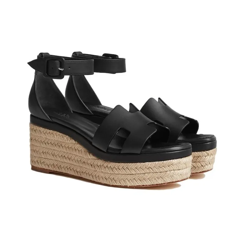 HERMES Strap Sandals 8.5cm Women's Black-3
