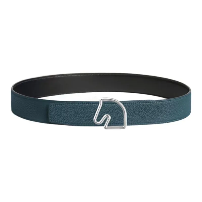 HERMES Tete De Cheval Horse Head Buckle Double Sided Smooth Buckle Leather Belts Men's Black/Blue Width 3.8cm-1