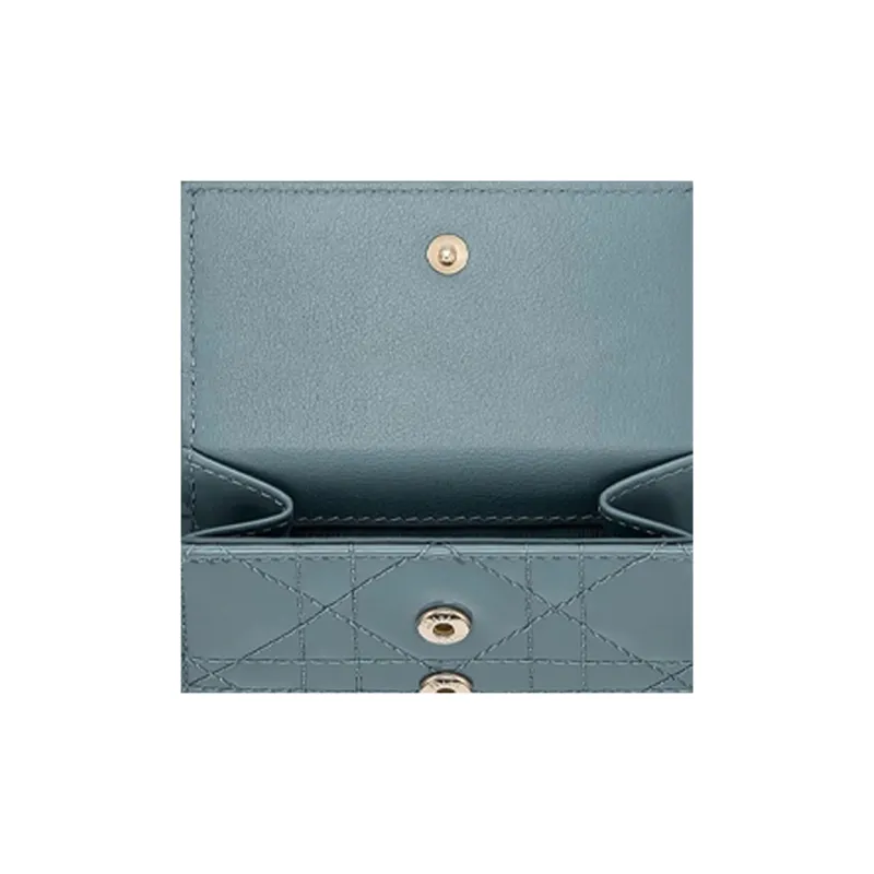 DIOR Lady Dior Patent Leather Calfskin Wallet, Card Holder Women's Gray Blue-4