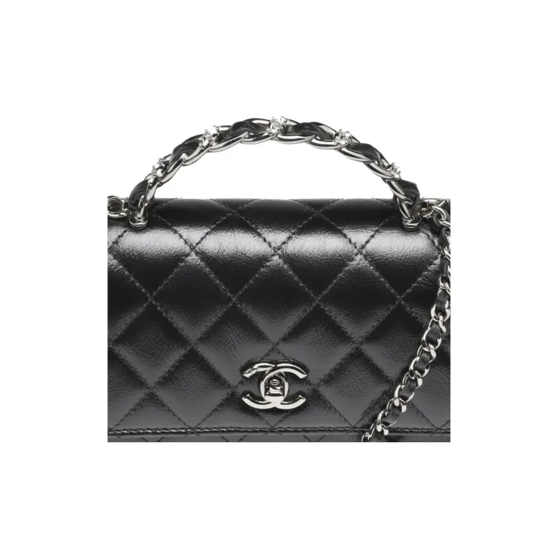 CHANEL Bright Color Wrinkle Calfskin Handheld Shoulder Bag, Crossbody Bag Women's Black-3