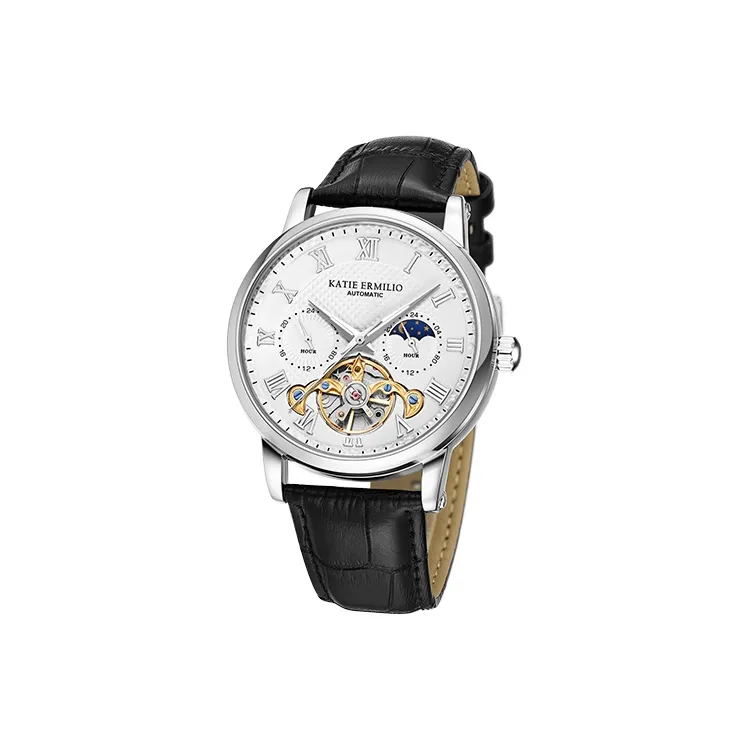 Katie Ermilio Wrist Watch Automatic Mechanical Movement Genuine Leather Strap White Dial Men's Watches-6