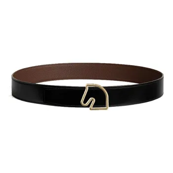 HERMES Horse Head Gold Smooth Buckle Calfskin Leather Belts Men's Black Width  3.8cm