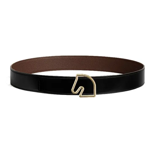 HERMES Horse Head Gold Smooth Buckle Calfskin Leather Belts Men's Black Width  3.8cm