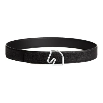 HERMES Cheval Horse Head Double Sided Belt Smooth Buckle Calfskin Leather Belts Men's Black Width 3.8cm