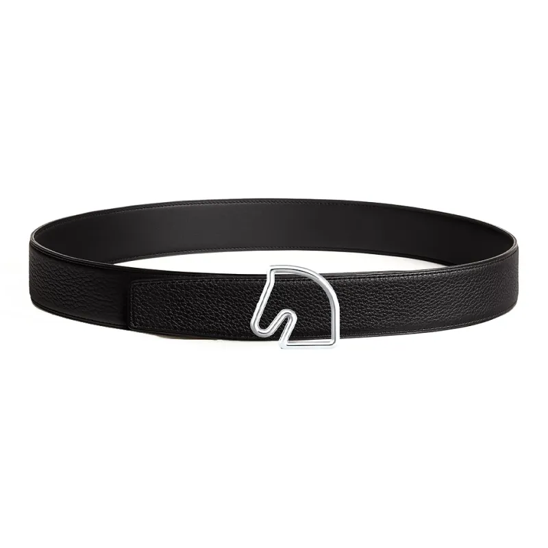 HERMES Cheval Horse Head Double Sided Belt Smooth Buckle Calfskin Leather Belts Men's Black Width 3.8cm-0