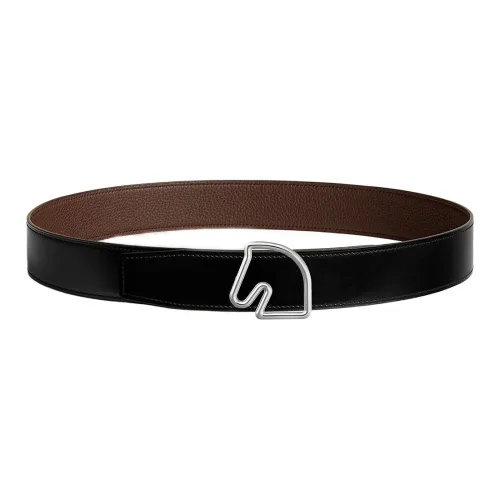 HERMES Tete De Cheval Horsehead Logo Reversible Smooth Buckle Calfskin Leather Belts Men's Black Width  3.8CM