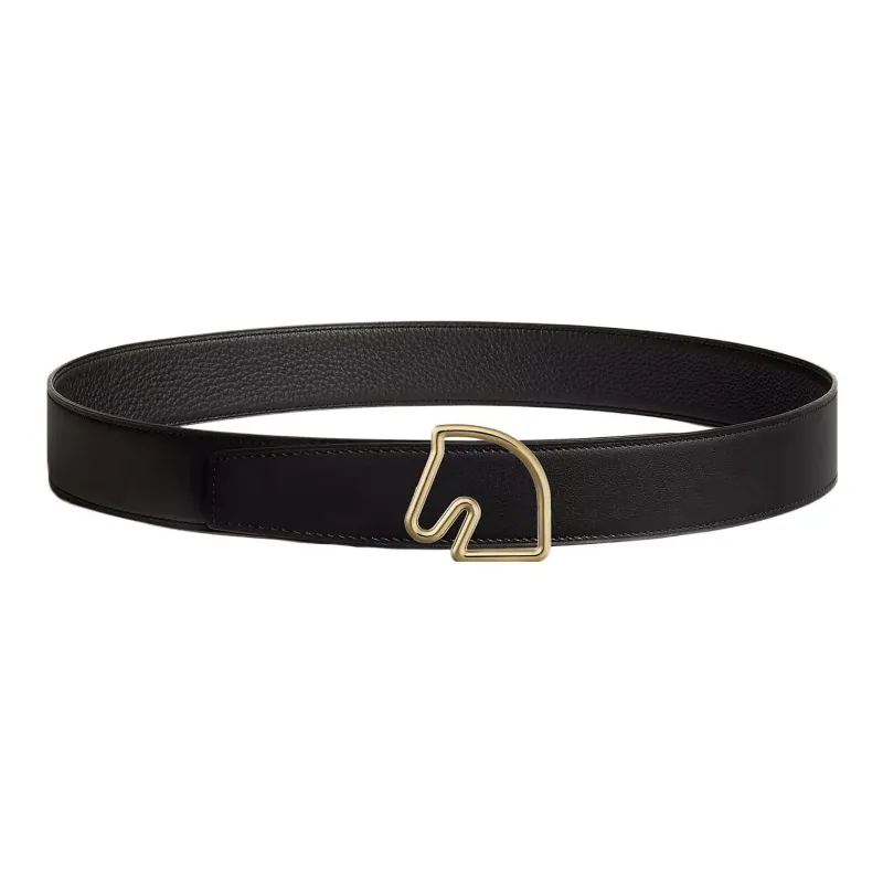 HERMES Tete De Cheval Horsehead Double Sided Smooth Buckle Leather Belts Men's Black Width 3.8cm-0