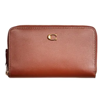 COACH Zip Around Calfskin Coin Purses Wallets Small Size Unisex Brown