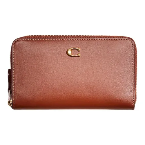 COACH Zip Around Calfskin Coin Purses Wallets Small Size Unisex Brown
