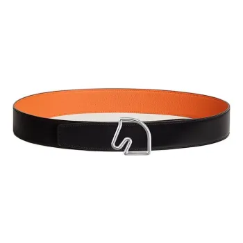 HERMES Horse Head Buckle Double Sided Leather Belts Men's Black Width  3.8CM