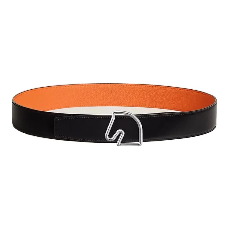 HERMES Tete De Cheval Horse Head Buckle Double Sided Leather Belts Men's Black Width 3.8CM-0