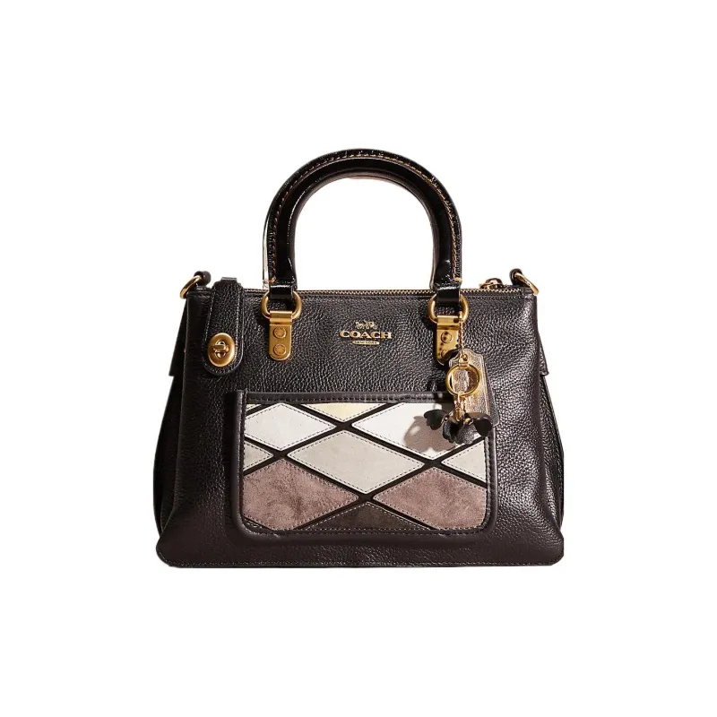 COACH Polished Pebbled Leather Tote Bag Portable Crossbody Bag Shoulder Bag Large Size Women's Black-0
