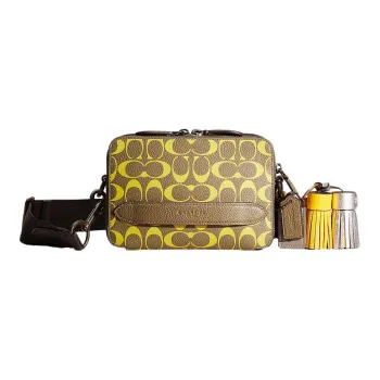 COACH Charter Leather Camera Bag Shoulder Bag Crossbody Bag Small Size Women's Army Green With Lime Accents